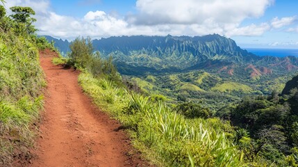 Hiking trail overlooking a lush green valley and distant mountains under a bright blue sky