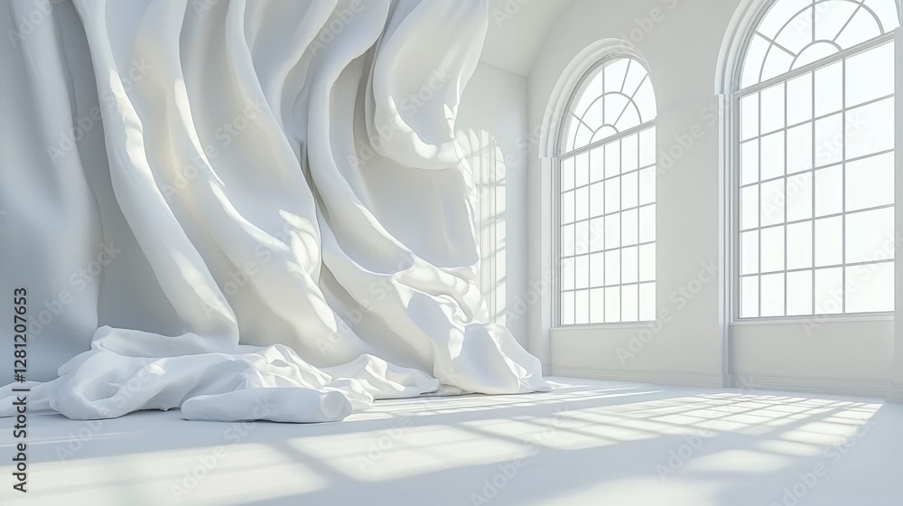 Poster an authentic wall features a gobo shadow, and the window frame and blinds cast shadows on a white st