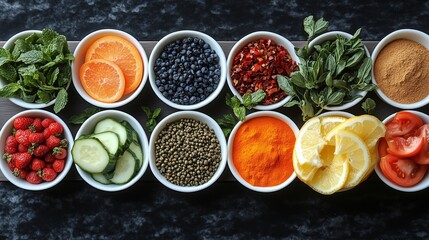 Colorful assorted fruits and spices in bowls on black surface