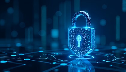 Cybersecurity concept with digital shield, blue glowing padlock, and futuristic data protection background, representing safety and security in digital spaces