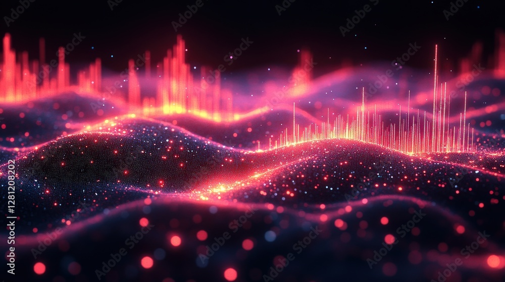 Poster abstract visualization of vibrant sound waves with glowing peaks and valleys against a dark backgrou
