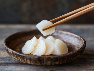 Fresh Scallops Served on Wooden Plate with Chopsticks in Hand, Close-up View of Delicious Seafood Dish Ready for Enjoyment