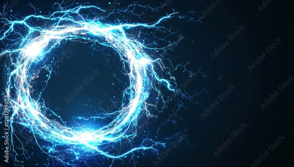 Poster an abstract blue circle of lightning set against a dark backdrop forms a mysterious shape