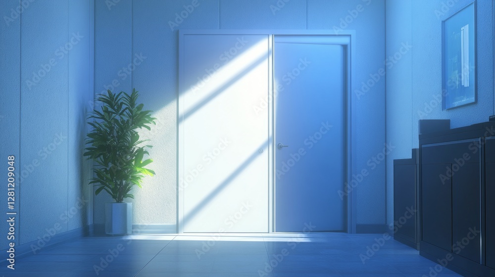 Poster bright shafts of light filter through an open door, illuminating a calm room accentuated by a potted