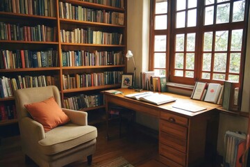 Cozy Home Office with Bookshelves and Sunlight Streaming through Large Windows