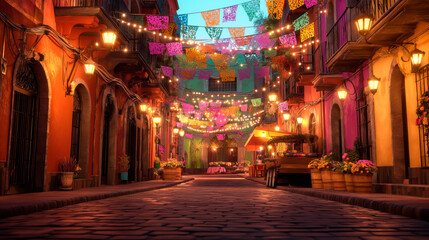 Traditional Mexican street decorated with colorful papel picado and lights