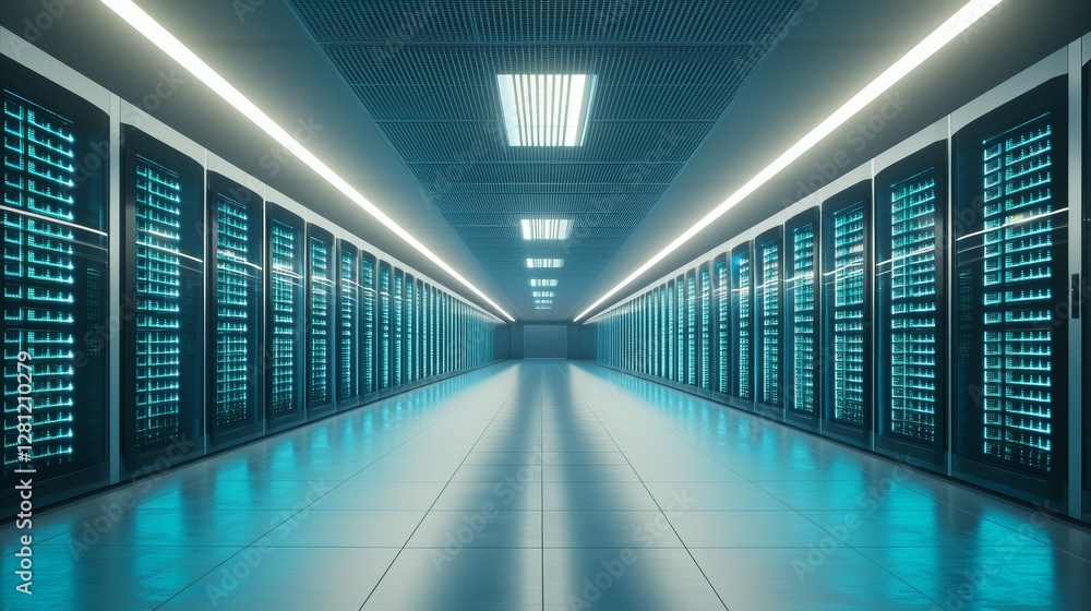 Poster a state-of-the-art data center with rows of servers boasting an abundance of flashing lights, and a 