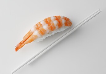 Fresh Shrimp Sushi on White Background with Simple Chopsticks for Modern Japanese Cuisine Presentation and Culinary Art Display