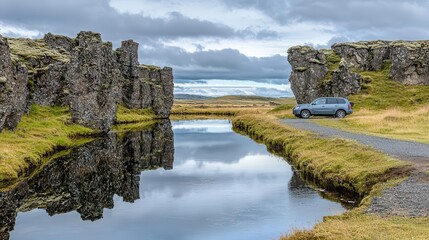 Serene landscape with vehicle parked near a calm river and majestic rock formations