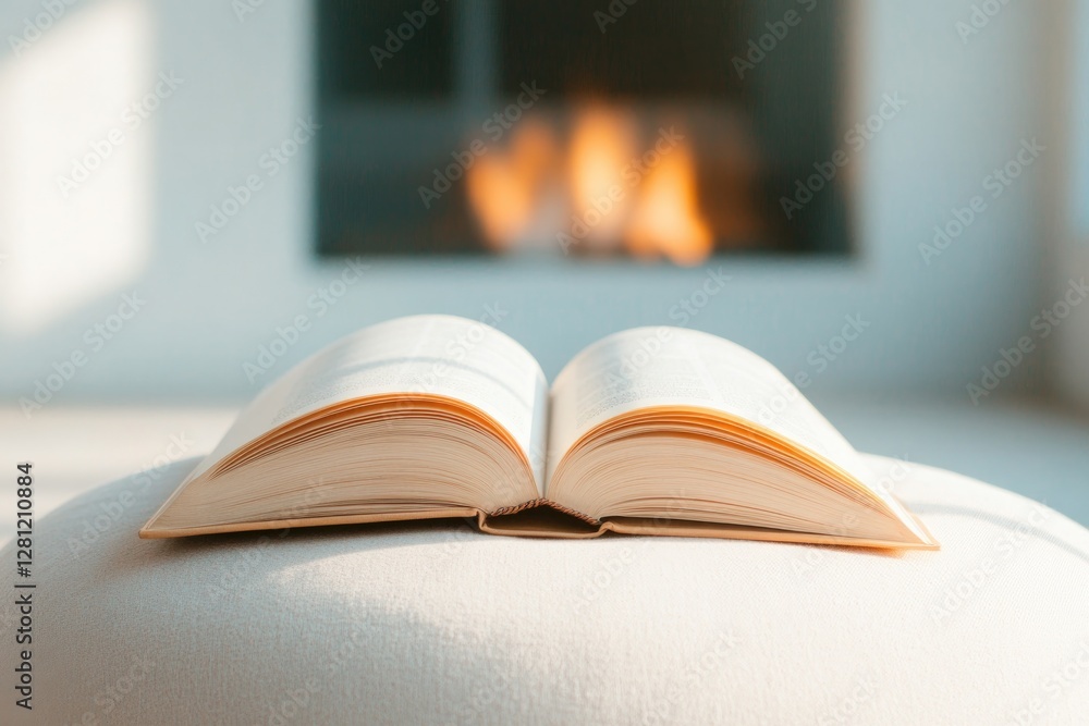 Poster tranquil view of open book on soft ottoman near fireplace pages slightly curled and light creating p