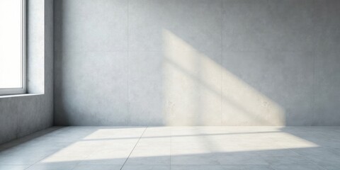 Empty Room with Sunlight Streaming Through Window and Light Grey Concrete Walls and Floor