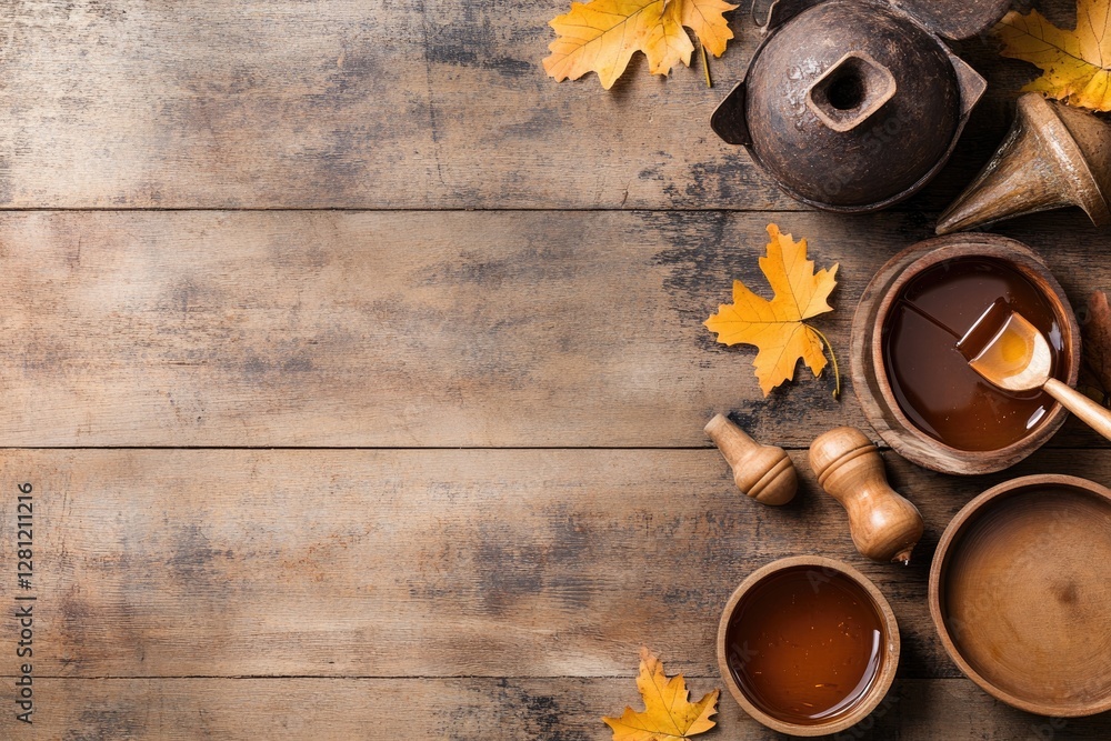 Poster vibrant array of maple sugaring equipment displayed on rustic table with natural textures and light 