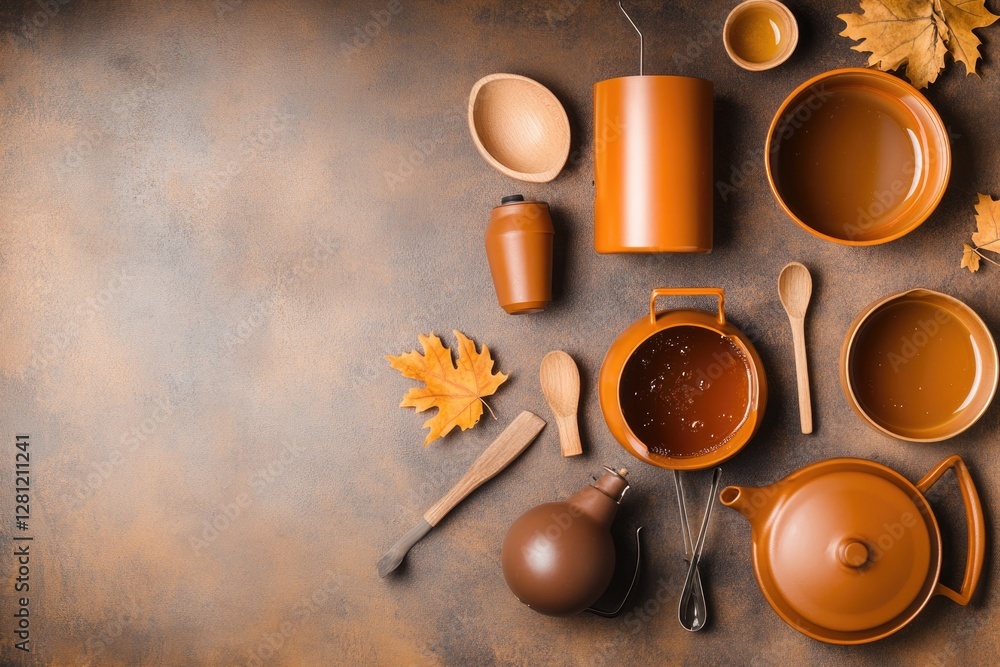 Poster vibrant array of maple sugaring equipment displayed on rustic table with natural textures and light 
