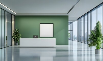 Modern empty office interior with green walls, white reception, blank poster on the wall, and glass partitions in open space. 3D Rendering,

