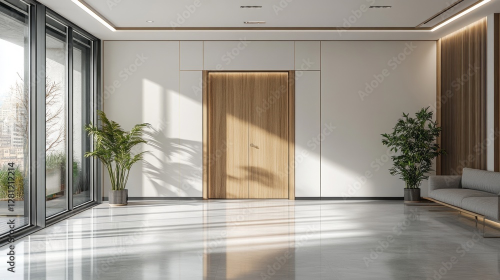 Poster light spills into a spacious room with an open door, revealing wooden accents and sleek furnishings 