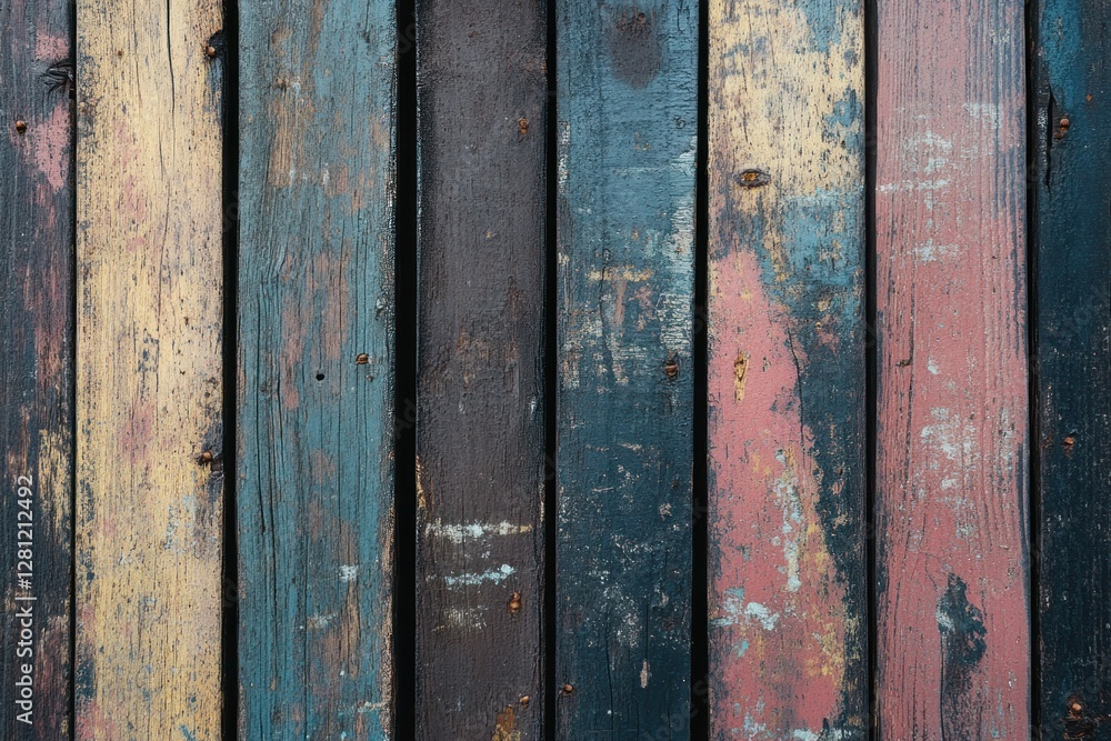 Poster weathered wooden planks in distressed multicolor texture ideal for background or surface use