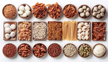 Obraz premium Assortment of Whole Grains and Pasta on White Background