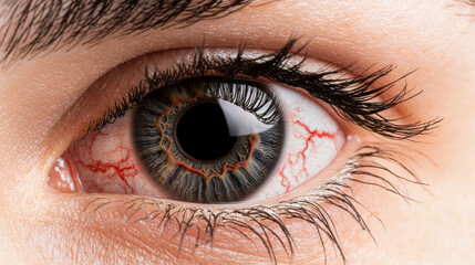 A close-up of a human eye showcasing intricate details, including vibrant colors and visible blood vessels, reflecting emotion and depth.