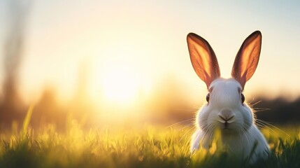 A fluffy bunny sits calmly in the green grass as the sun sets in the background, casting a warm golden light. The peaceful setting captures the essence of Easter and springtime joy.