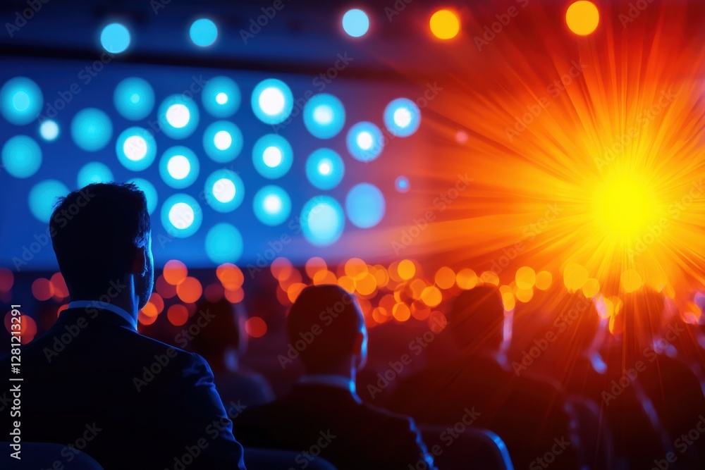 Poster a dimly lit event scene with attendees viewing a vibrant display of lights in various colors, creati