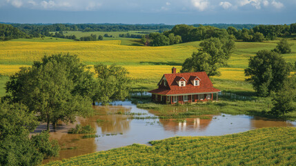 Fototapeta premium A charming house amidst a flooded landscape, surrounded by lush greenery and fields under a bright blue sky