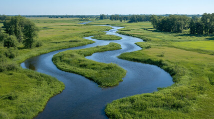 A serene river winds through lush green fields under a clear blue sky, showcasing the beauty of nature and tranquility
