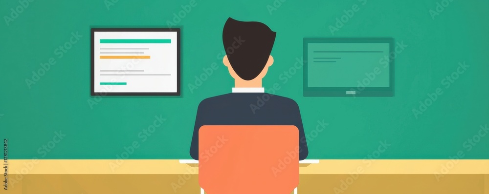 Aufkleber a person sits at a desk, facing two computer screens, ready to work or study in a minimalist and mod