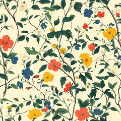 Bright floral pattern featuring red, yellow, and blue flowers in a playful composition for creative designs