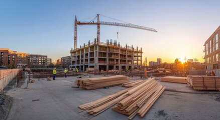 Workers are engaged in construction of a multi-story building as the sun sets, with lumber neatly stacked nearby