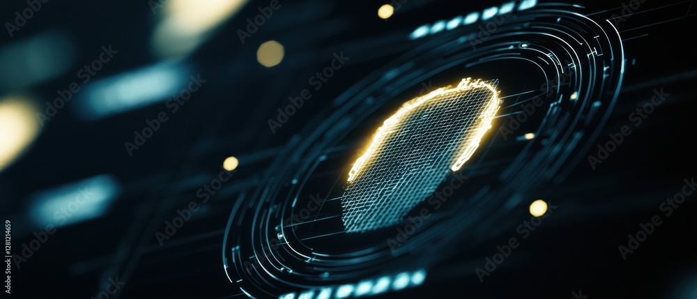 Poster a close-up of a glowing fingerprint, symbolizing digital security and biometric authentication in a 