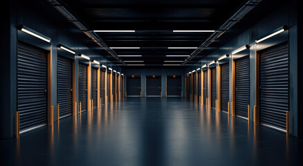 Wide-angle view captures an empty storage unit facility featuring neatly arranged storage doors and a clean, polished floor under bright lighting