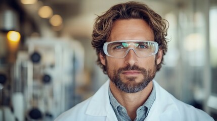 Fototapeta premium portrait of confident scientist in white lab coat with protective eyewear surrounded by blurred laboratory equipment