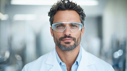 Fototapeta premium portrait of confident scientist in white lab coat with protective eyewear surrounded by blurred laboratory equipment