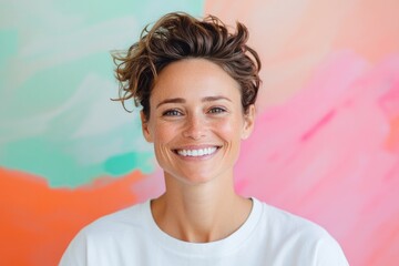 portrait of smiling person on bright solid color background