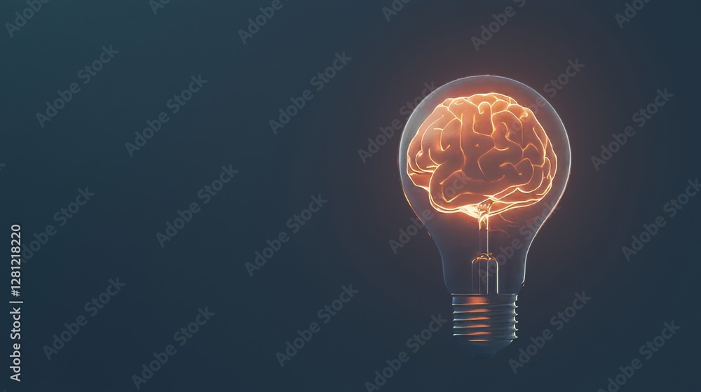 Poster the image features a photorealistic brain combined with an illuminated lighting bulb, rendered in oc