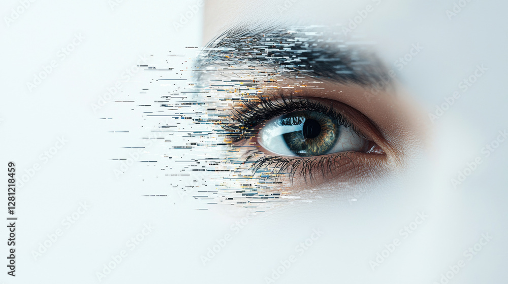 Aufkleber a close-up of a human eye, partially blurred, creating a sense of digital distortion and merging rea