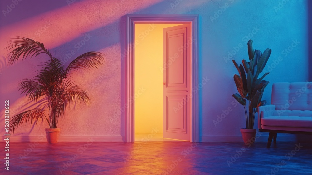 Poster lush green plants frame a softly lit room where an open door invites warmth from the outside. colors