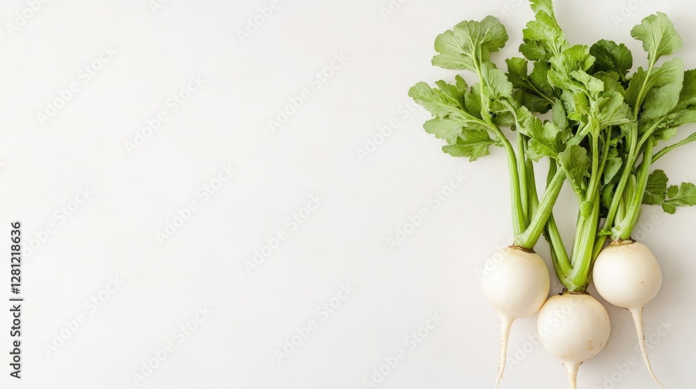 Poster clean photo of fresh turnip placed on white surface with soft shadows and ample copy space for brand