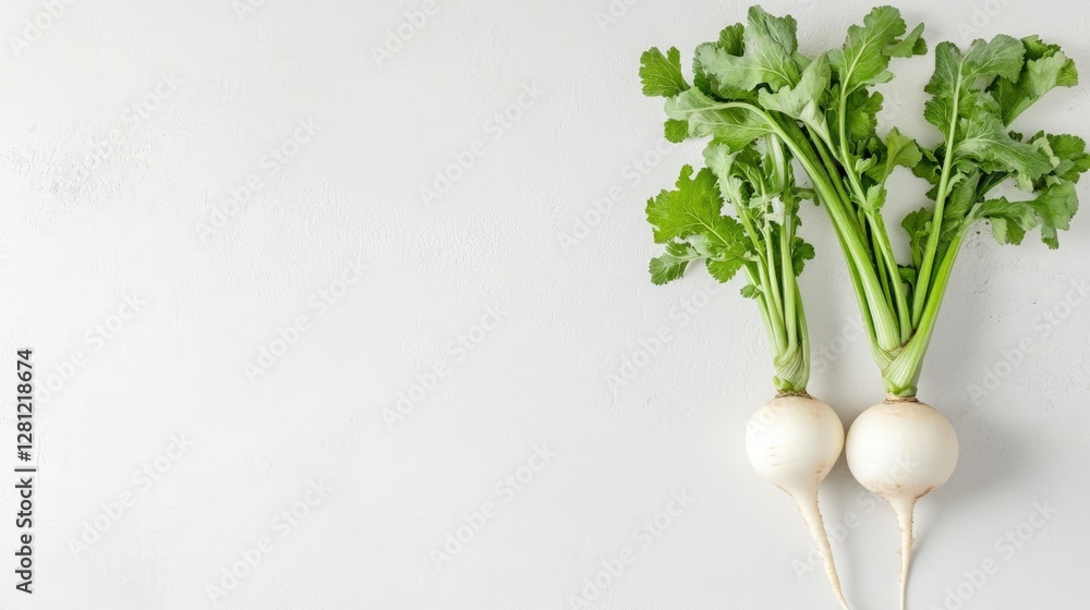 Aufkleber clean photo of fresh turnip placed on white surface with soft shadows and ample copy space for brand