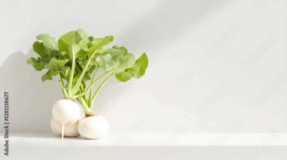 Poster clean photo of fresh turnip placed on white surface with soft shadows and ample copy space for brand