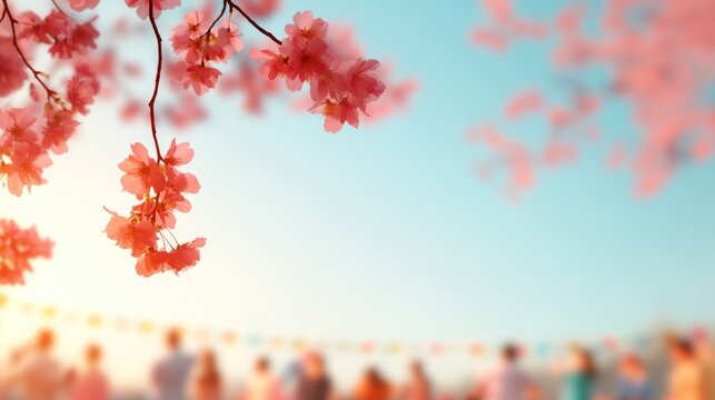 celebration scene of may day with vibrant spring blossoms in foreground