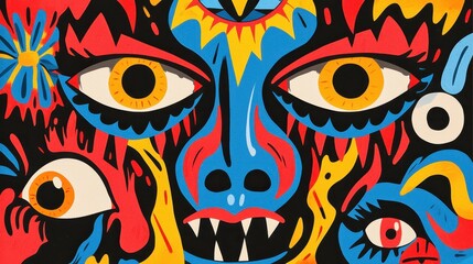 Vibrant Abstract Artwork Featuring Colorful Faces and Patterns