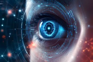 Close-Up of Cybernetic Eye with Digital HUD and Futuristic Design