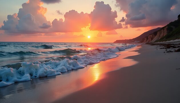 Sunset view from a sandy beach, with soft waves and glowing orange sky at the horizon, creating a relaxing coastal scene - Powered by Adobe