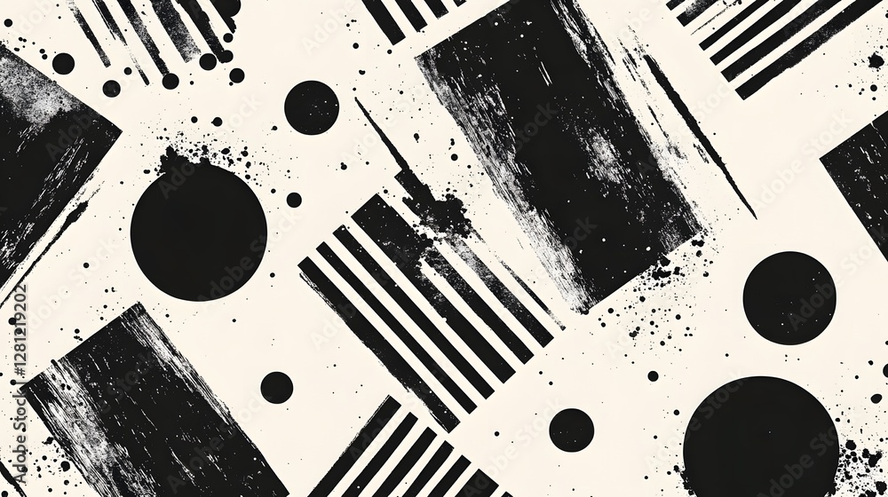 Poster Captivating Monochrome Geometric Abstract Art with Dynamic Shapes and Patterns  Visually striking black and white contemporary design featuring bold lines circles