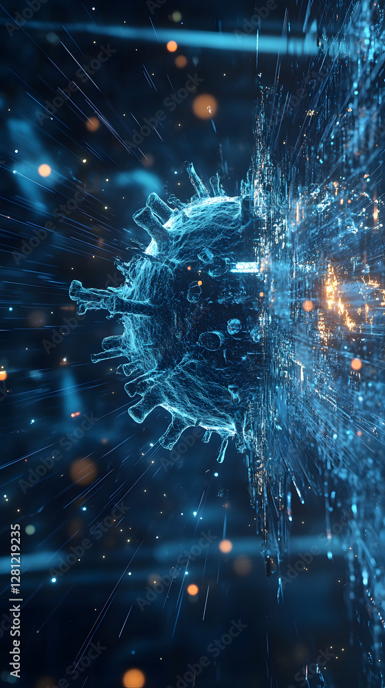 Poster abstract digital virus with glowing blue wireframe and data particles