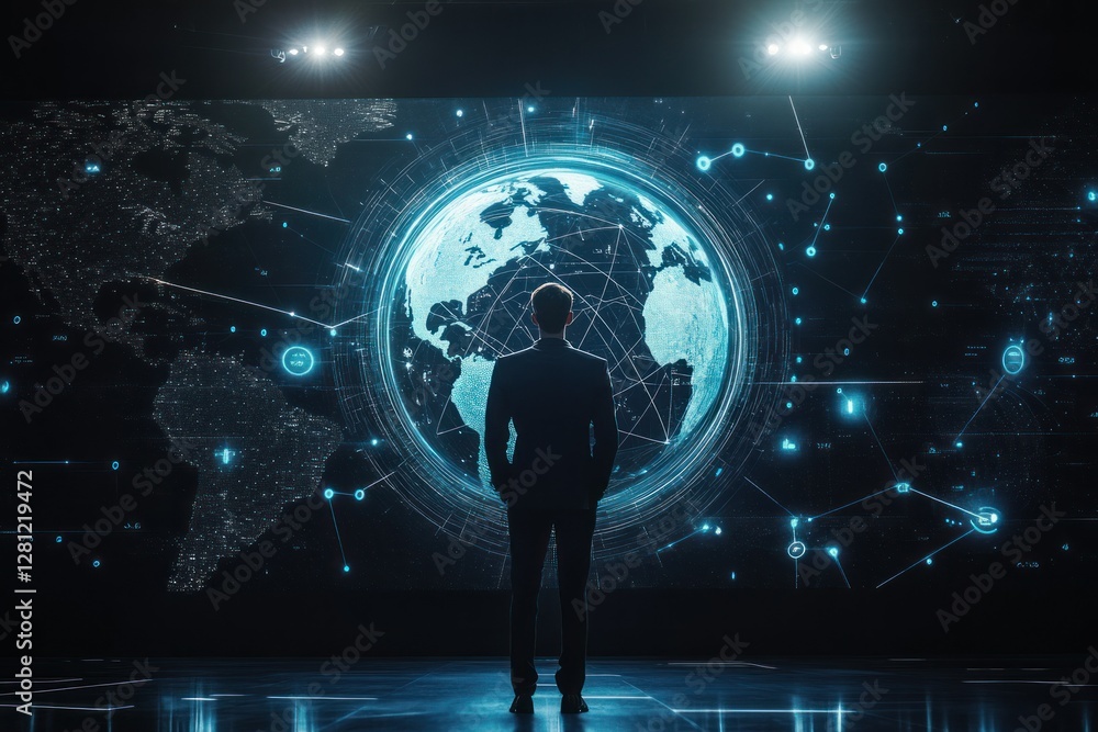 Poster businessman observing digital world map with global network connections and data flow imagery