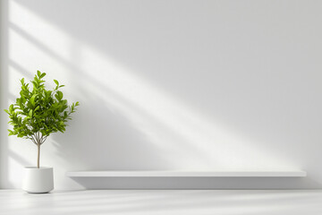 Obraz premium A white wall with a shelf and a potted plant on it