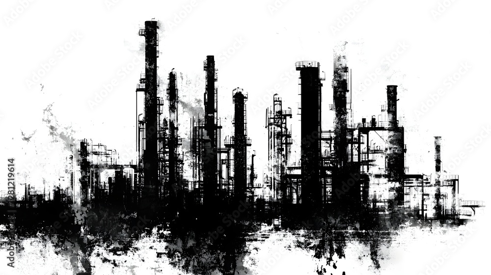 Aufkleber Captivating Monochrome Industrial Cityscape with Towering Structures and Intricate Patterns  This striking image showcases the powerful