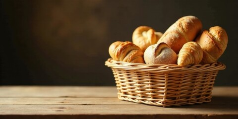Golden-brown baked goods in a rustic wicker basket on a wooden table
